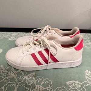 adidas White Sneakers with Sparkle Pink Stripes and Heel Tab